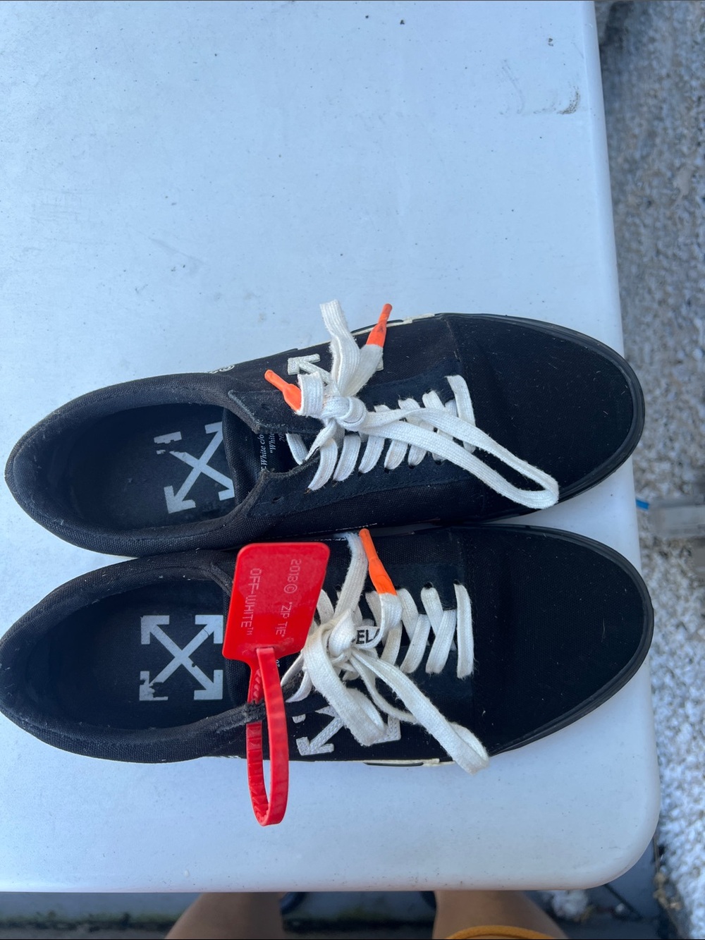 Off-White Black Canvas Low-Top Sneakers with White Laces and Orange Accents